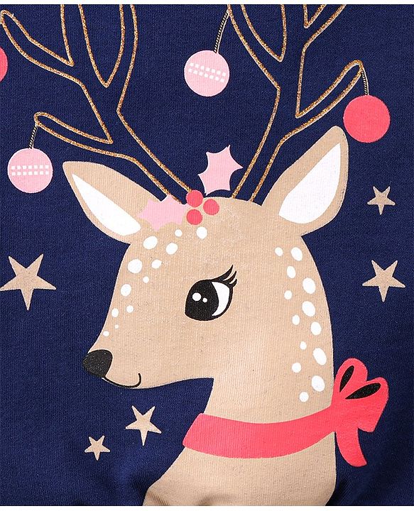 Babyhug Full Sleeves Sweatshirt With frill and Deer Print Along With Sequence - Blue