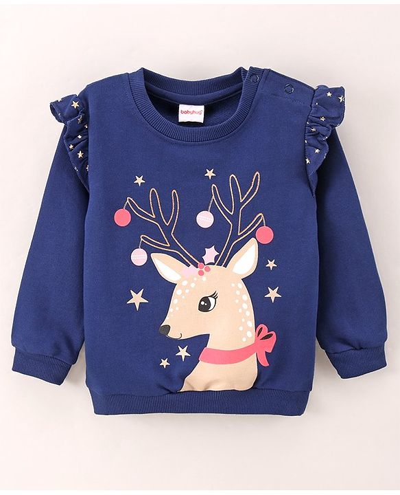 Babyhug Full Sleeves Sweatshirt With frill and Deer Print Along With Sequence - Blue