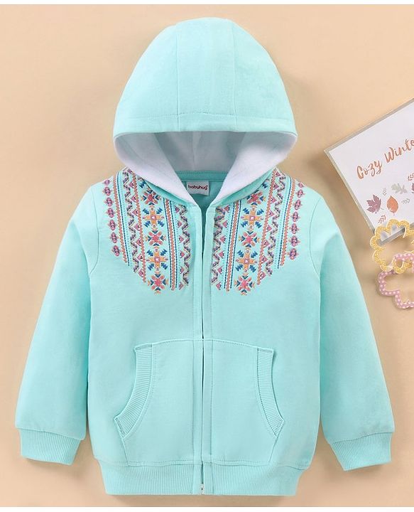 Babyhug Full Sleeves Embroidered Sweat Jacket - Sky Blue