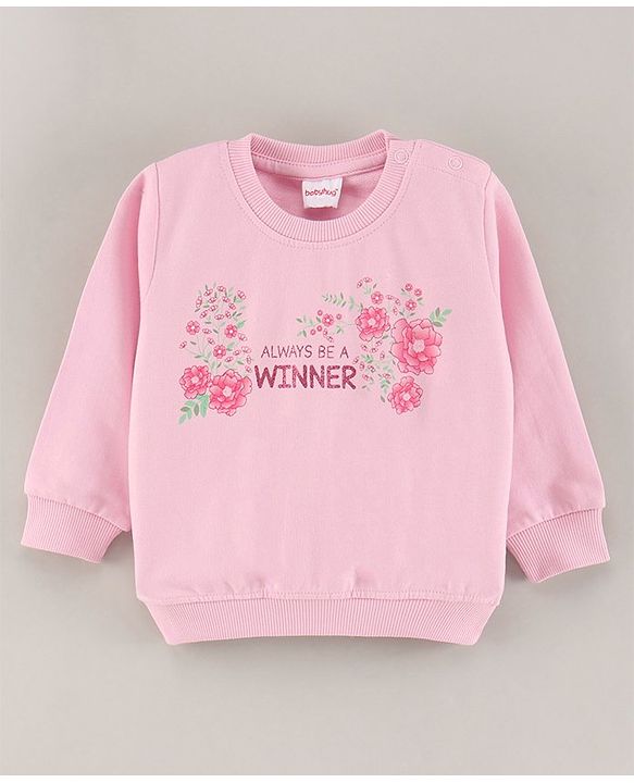 Babyhug Full Sleeves Knit Sweatshirt Text & Floral Print - Pink