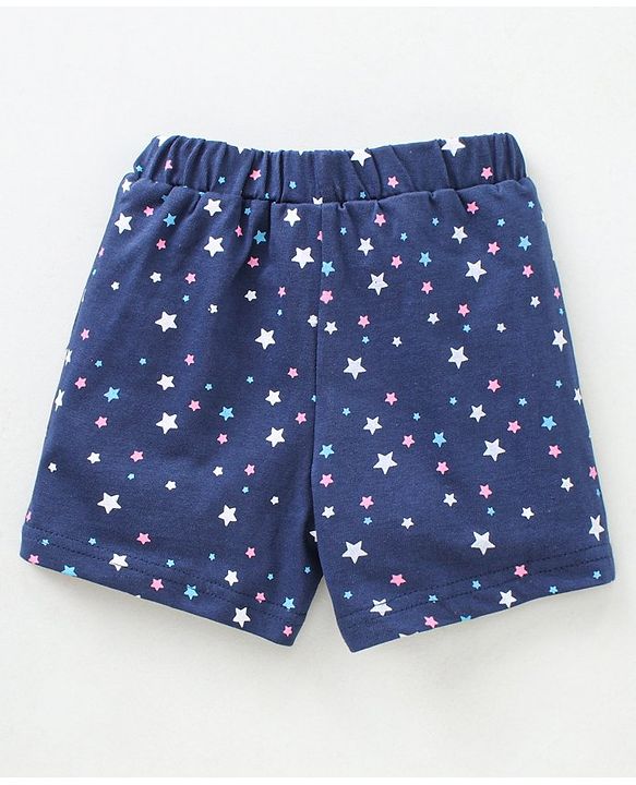 Babyhug Cap Sleeves Tee With Shorts Star Print & Bow Applique- Blue