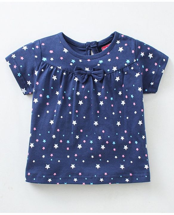 Babyhug Cap Sleeves Tee With Shorts Star Print & Bow Applique- Blue