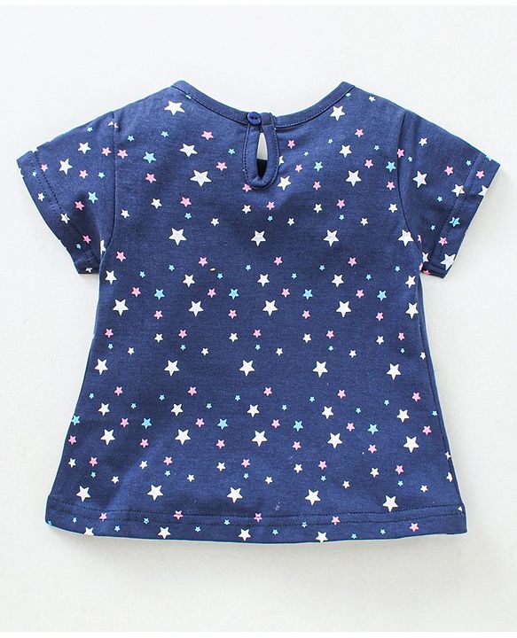 Babyhug Cap Sleeves Tee With Shorts Star Print & Bow Applique- Blue