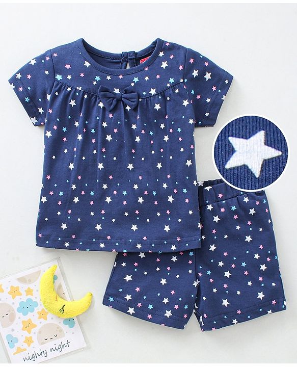 Babyhug Cap Sleeves Tee With Shorts Star Print & Bow Applique- Blue