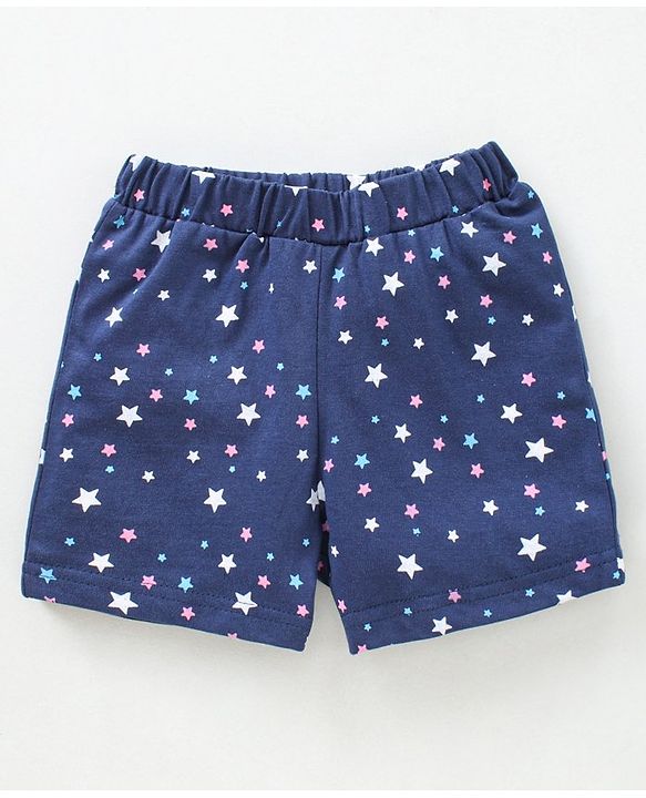 Babyhug Cap Sleeves Tee With Shorts Star Print & Bow Applique- Blue