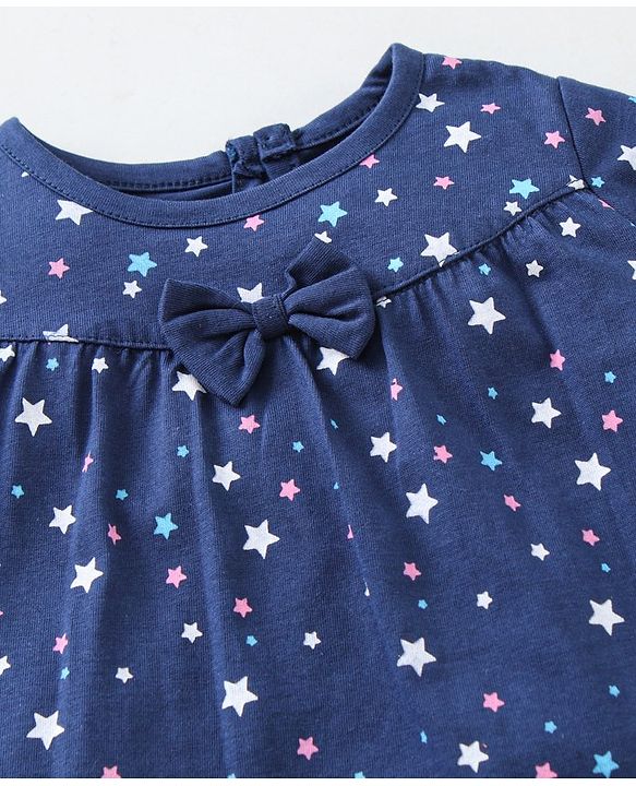 Babyhug Cap Sleeves Tee With Shorts Star Print & Bow Applique- Blue