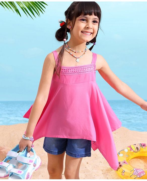 Babyhug Rayon Sleeveless Solid Top With Lace Detailing- Neon Pink