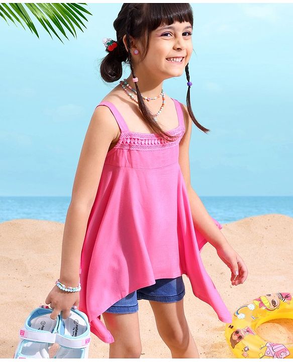 Babyhug Rayon Sleeveless Solid Top With Lace Detailing- Neon Pink