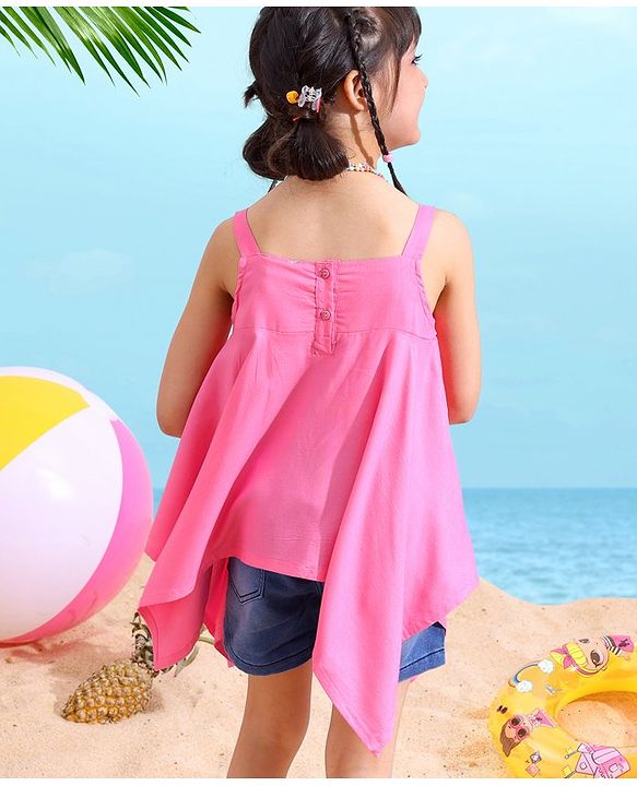 Babyhug Rayon Sleeveless Solid Top With Lace Detailing- Neon Pink