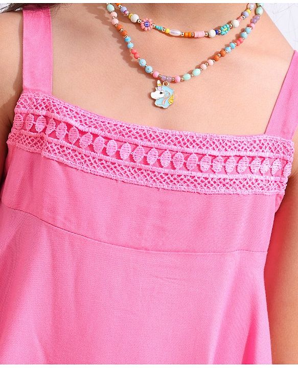 Babyhug Rayon Sleeveless Solid Top With Lace Detailing- Neon Pink