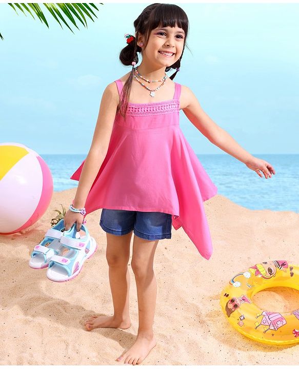 Babyhug Rayon Sleeveless Solid Top With Lace Detailing- Neon Pink
