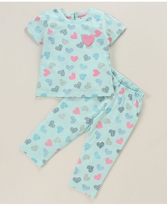 Babyhug 100% Cotton Half Sleeves Night Suit Heart Patch - Blue