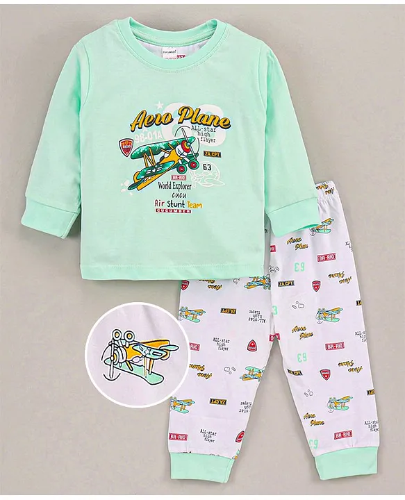 Buy Cucumber Cotton Full Sleeves Pajama Set Printed Sea Green