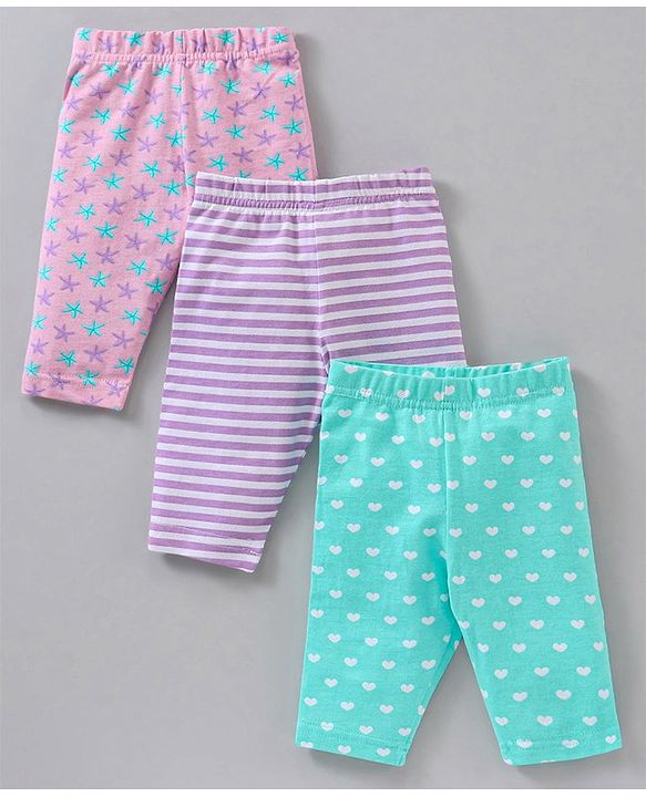 Babyhug Three Fourth Length Cotton Knit Leggings Stripes & Heart Print Pack of 3 - Multicolour