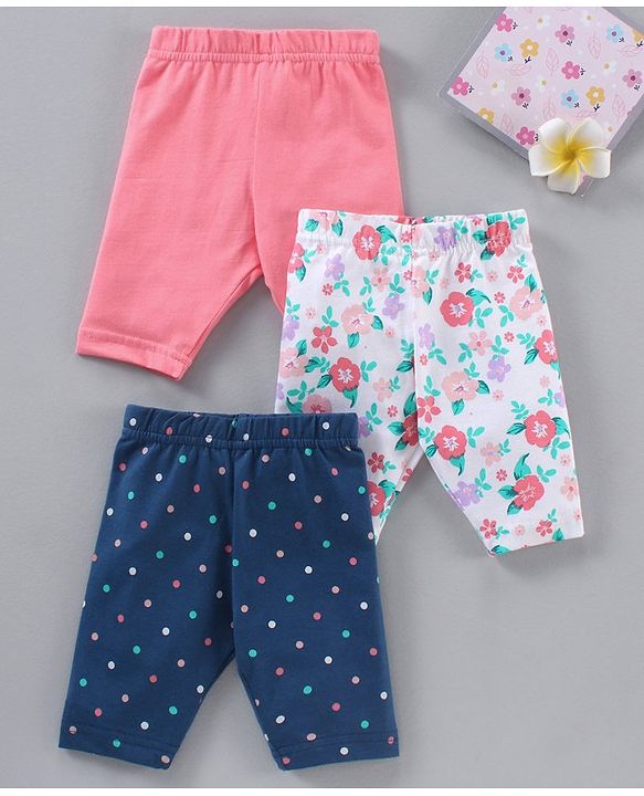 Babyhug Three Fourth Lycra Knit Striped & Heart Print Baby Leggings Pack of 3 - Multicolour