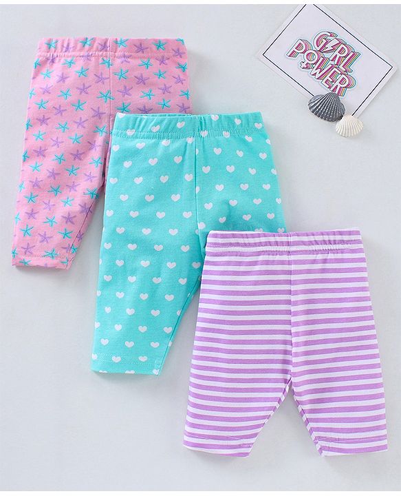 Babyhug Three Fourth Lycra Knit Flower Print Baby Leggings Pack Of 3 - Multicolour