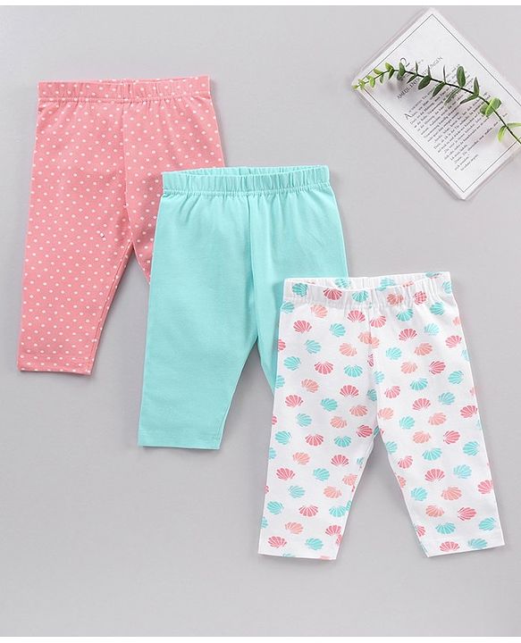 Babyhug Cotton Knit Three Fourth Length Leggings Polka Dots And Solid- Multicolour