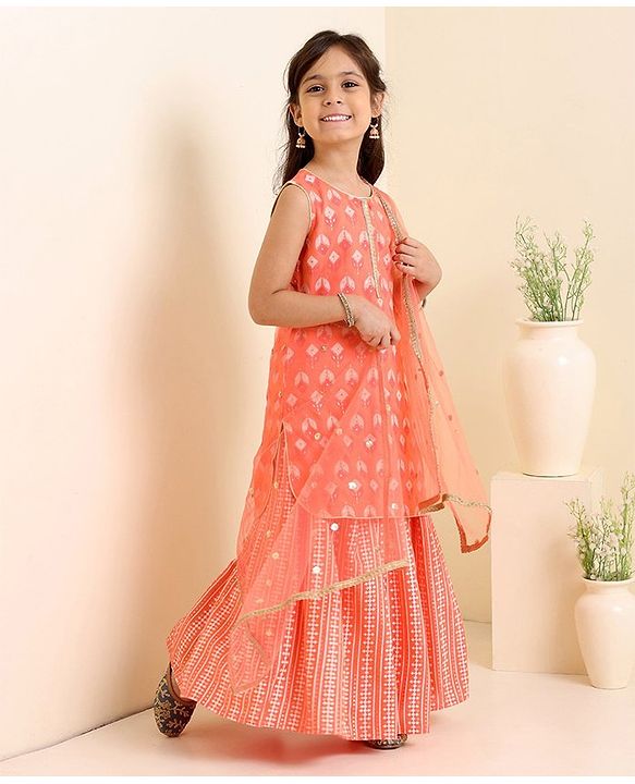 Babyhug Sleeveless Printed Kurti & Skirt Set With Dupatta- Peach