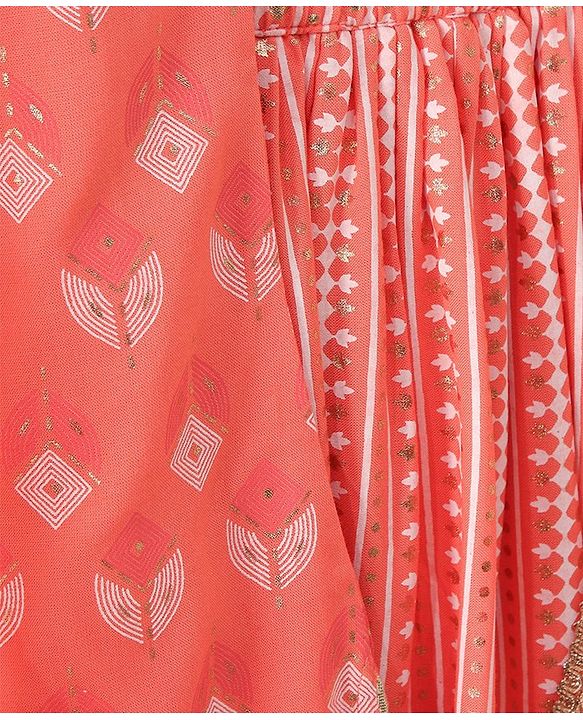 Babyhug Sleeveless Printed Kurti & Skirt Set With Dupatta- Peach