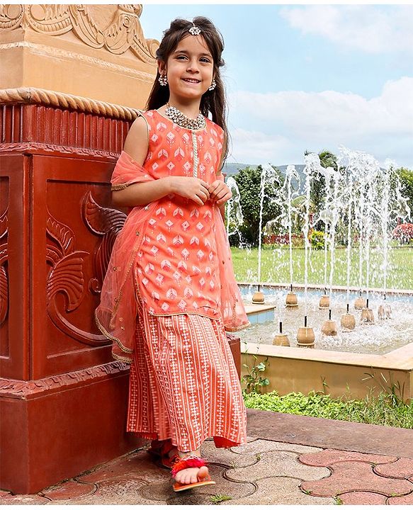 Babyhug Sleeveless Printed Kurti & Skirt Set With Dupatta- Peach