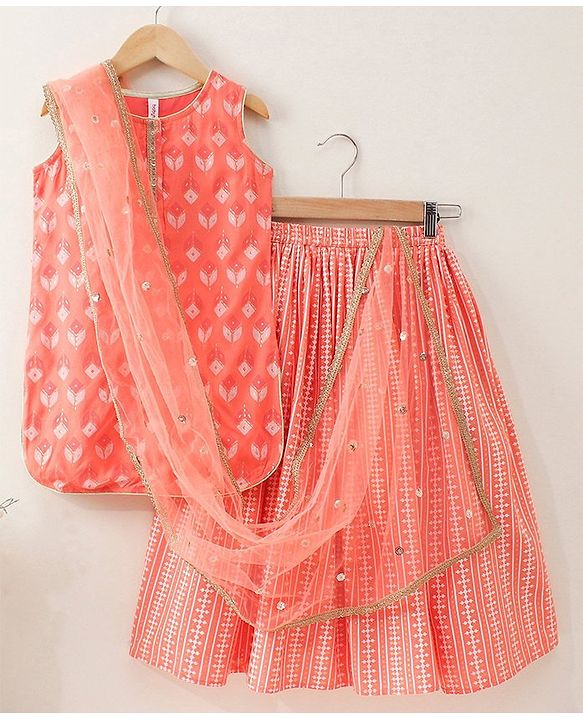 Babyhug Sleeveless Printed Kurti & Skirt Set With Dupatta- Peach