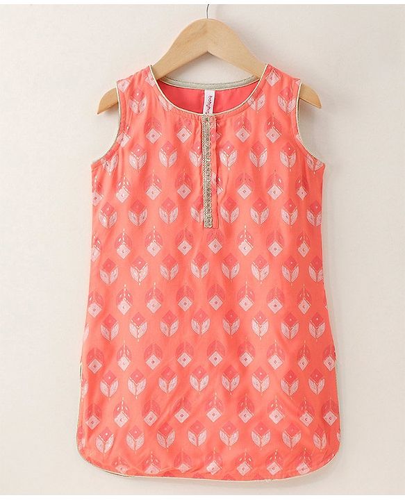 Babyhug Sleeveless Printed Kurti & Skirt Set With Dupatta- Peach