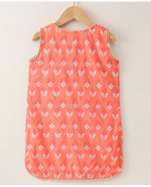 Babyhug Sleeveless Printed Kurti & Skirt Set With Dupatta- Peach