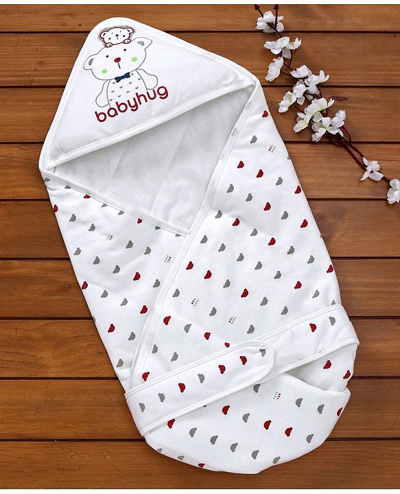 Babyhug Hooded Wrapper Bear Print - Red & White