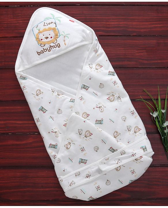Babyhug Cotton Hooded Wrapper Lion Print - White