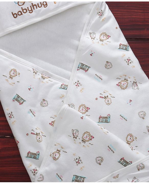 Babyhug Cotton Hooded Wrapper Lion Print - White