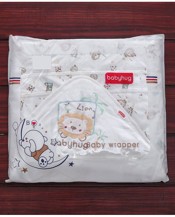 Babyhug Cotton Hooded Wrapper Lion Print - White