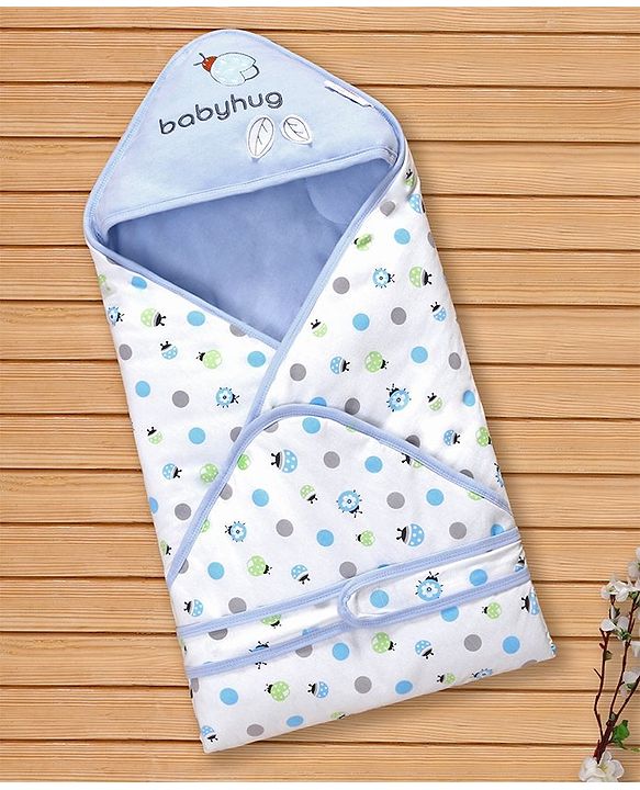 Babyhug Hooded Wrapper Ladybug Print - Blue & White