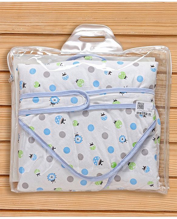 Babyhug Hooded Wrapper Ladybug Print - Blue & White