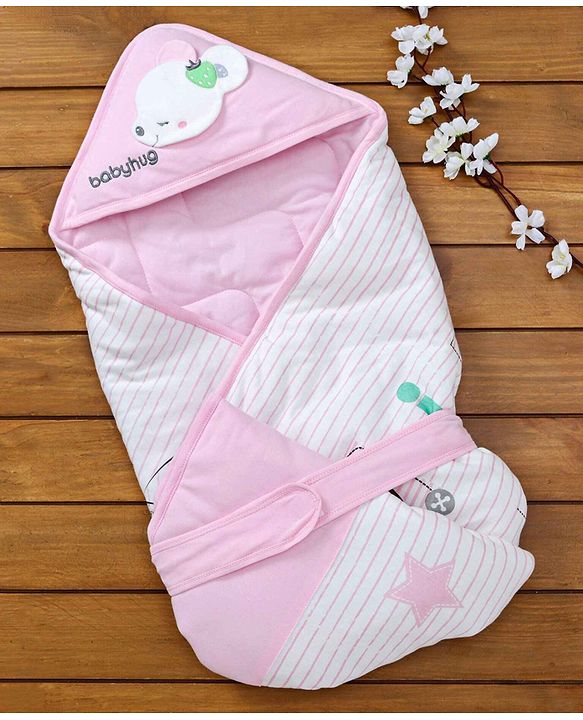 Babyhug Hooded Wrapper Striped - Pink - L 80 x B 80 cm Multi Color