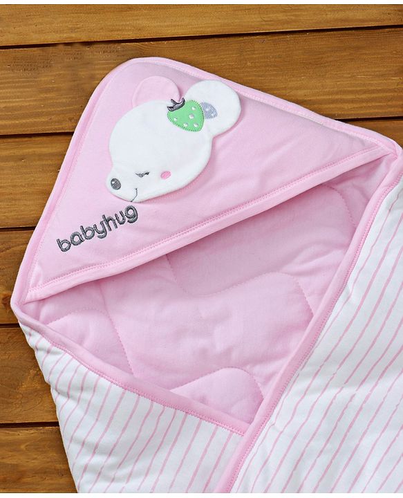 Babyhug Hooded Wrapper Striped - Pink - L 80 x B 80 cm Multi Color