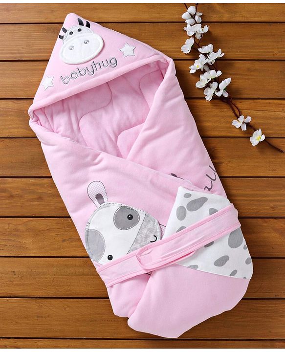 Babyhug Hooded Wrapper Cow Applique - Pink - L 80 x B 80 cm Multi Color