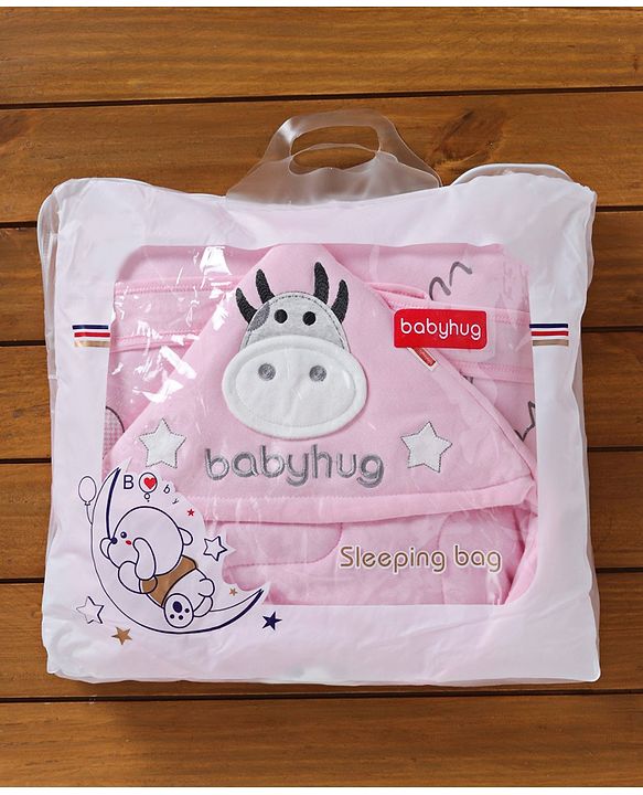 Babyhug Hooded Wrapper Cow Applique - Pink - L 80 x B 80 cm Multi Color
