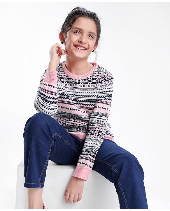 Pine Kids Full Sleeves Jacquard Fine Knit Medium Winter Sweater Intarsia Design- Multicolor