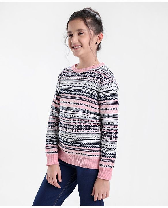 Pine Kids Full Sleeves Jacquard Fine Knit Medium Winter Sweater Intarsia Design- Multicolor