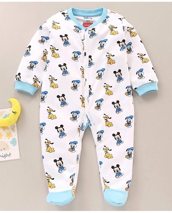 Babyhug Full Sleeves Sleepsuit Mickey Mouse & Donald Duck Print - Blue
