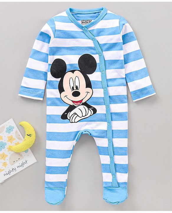 Babyhug Full Sleeves Sleepsuit Mickey Mouse & Stripe Print - Blue