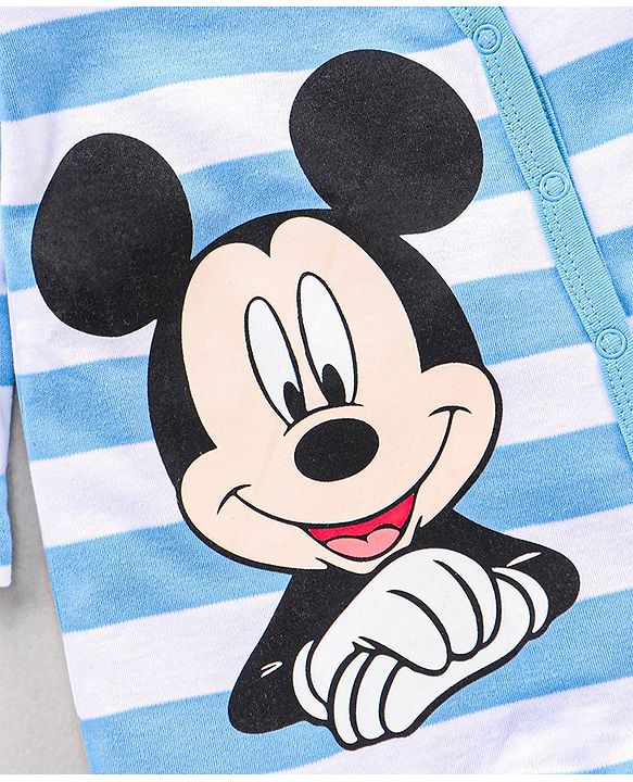 Babyhug Full Sleeves Sleepsuit Mickey Mouse & Stripe Print - Blue