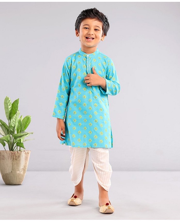 Babyhug Full Sleeves Printed Kurta & Dhoti Set - Blue