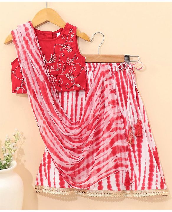Babyhug Sleeveless Embroidery Choli & Tie Dye Lehenga With Dupatta - Red