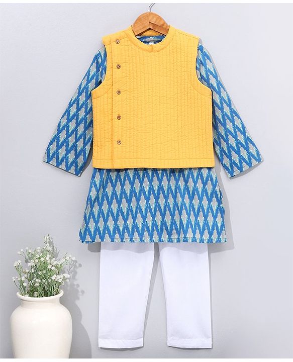 Babyhug Woven Full Sleeves Kurta Pyjama Set with Solid Waistcoat - Aqua Yellow