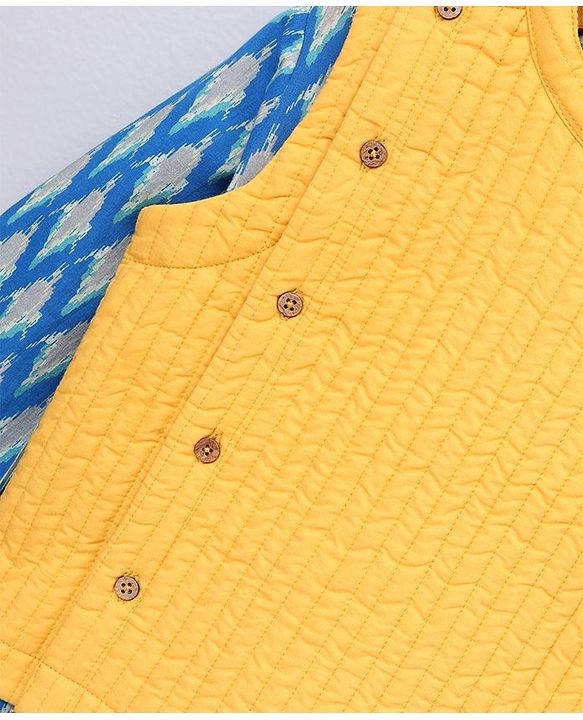 Babyhug Woven Full Sleeves Kurta Pyjama Set with Solid Waistcoat - Aqua Yellow