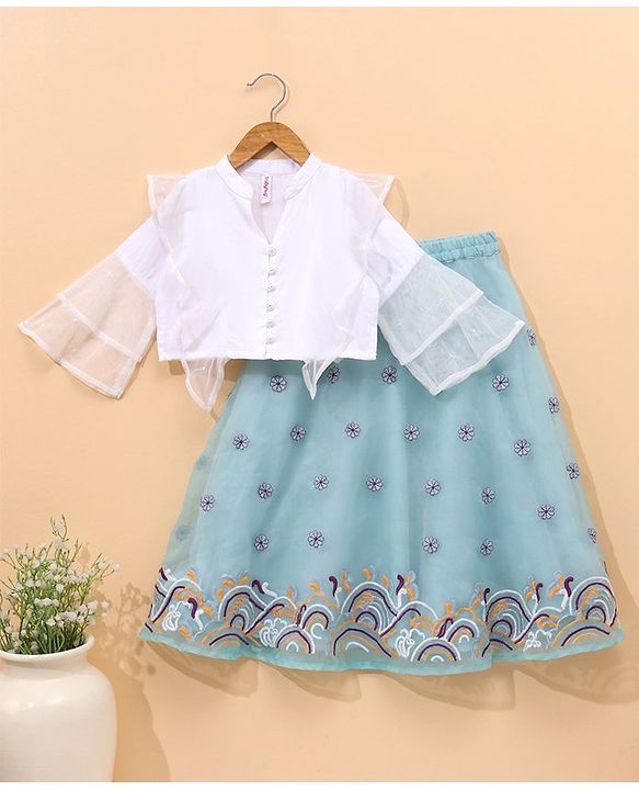 Babyhug Three Fourth Sleeves Top & Skirt Set Floral Embroidery- Mint