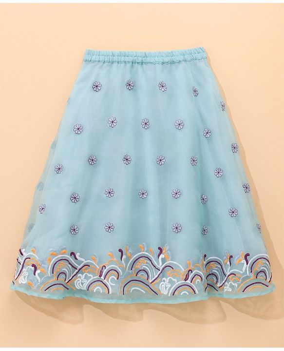 Babyhug Three Fourth Sleeves Top & Skirt Set Floral Embroidery- Mint