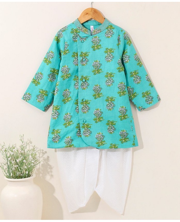 Babyhug Full Sleeves Cotton Kurta & Dhoti Set Printed- Mint