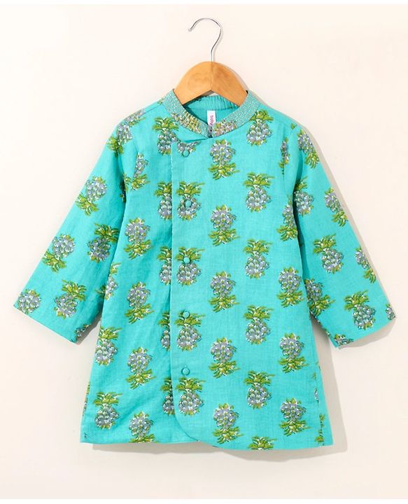 Babyhug Full Sleeves Cotton Kurta & Dhoti Set Printed- Mint